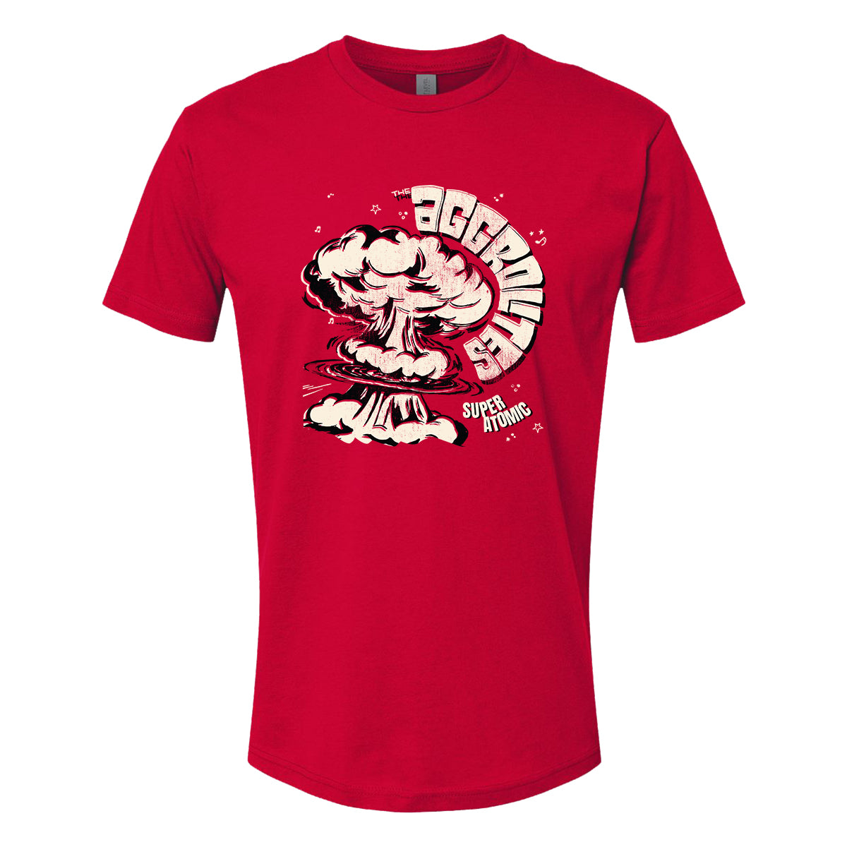 The Aggrolites red Next Level 3600 T-Shirt showcases a bold cartoon atomic explosion with "AGGRO" in curved letters and "SUPER ATOMIC" beneath—ideal for fans of the band.