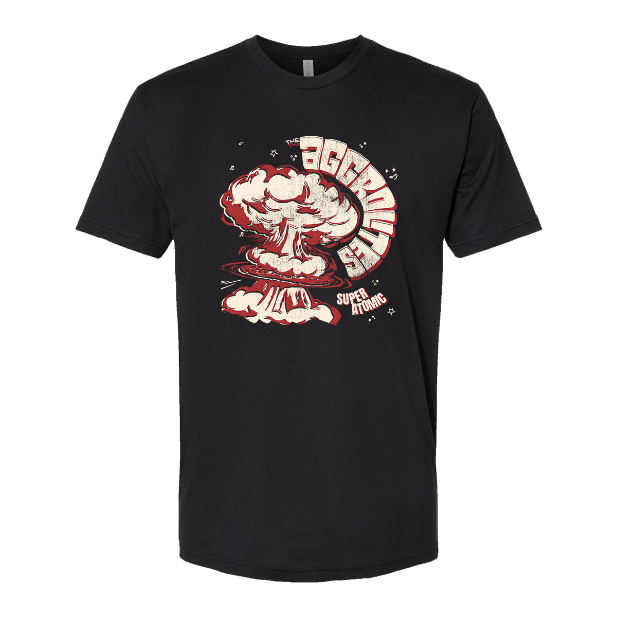 Black Next Level 3600 T-Shirt by The Aggrolites featuring a vintage-style mushroom cloud graphic with bold red and white "AGGRESSIVE" and "SUPER ATOMIC" text inspired by the band's classic look.