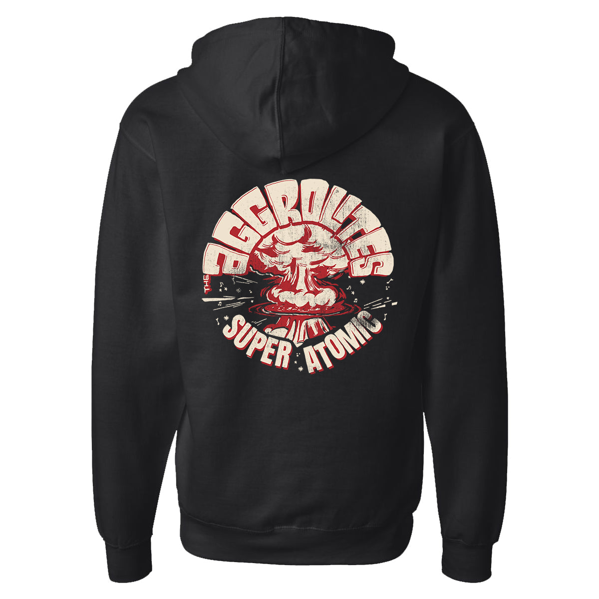 A black hoodie by The Aggrolites featuring a bold graphic on the back of a red and white mushroom cloud explosion, with "AGGROLITES" above and "SUPER ATOMIC" below the design.