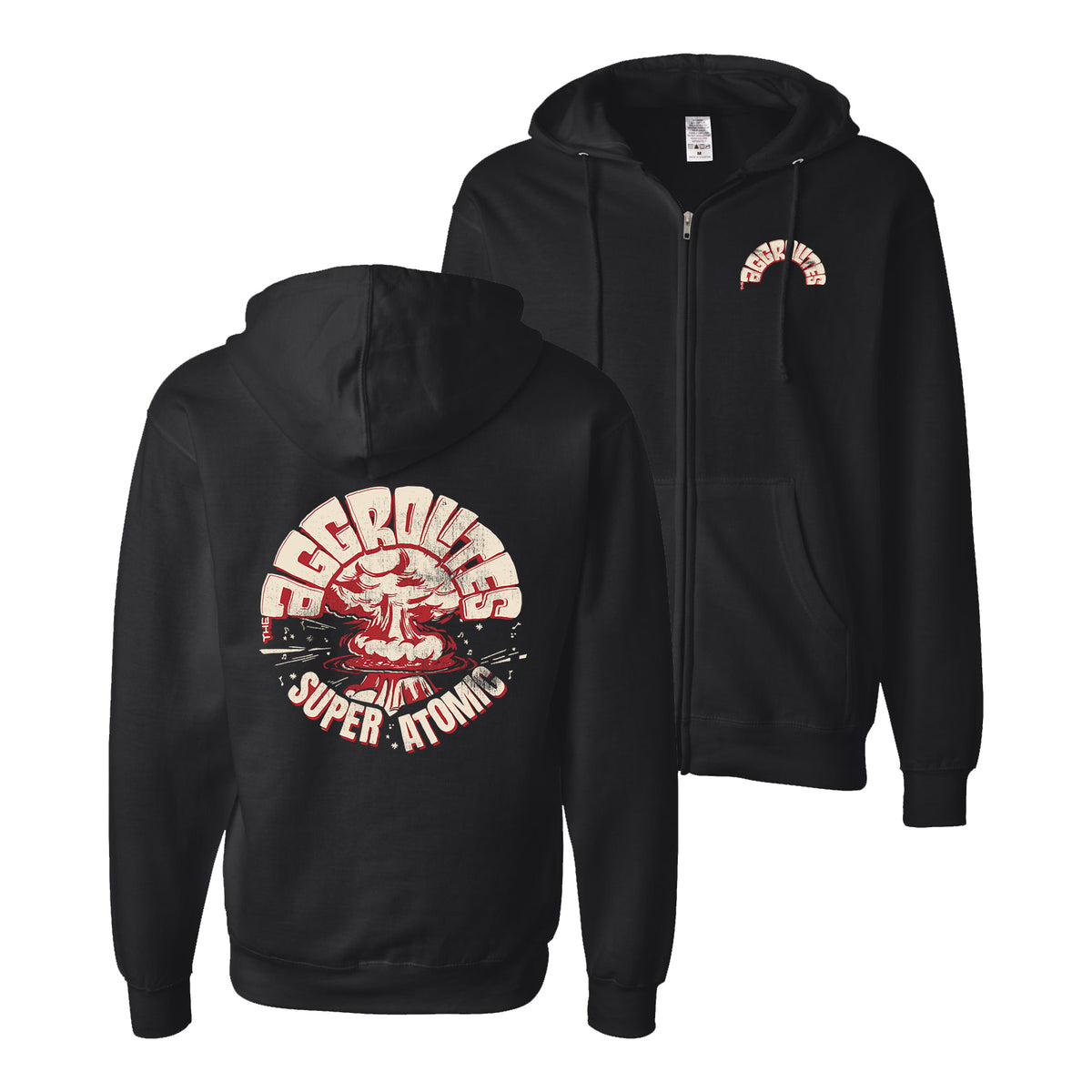 Black zip-up hoodie by The Aggrolites featuring a “36Grooves Super Atomic” design and stylized mushroom cloud graphic on the back, plus a small matching logo on the left chest.