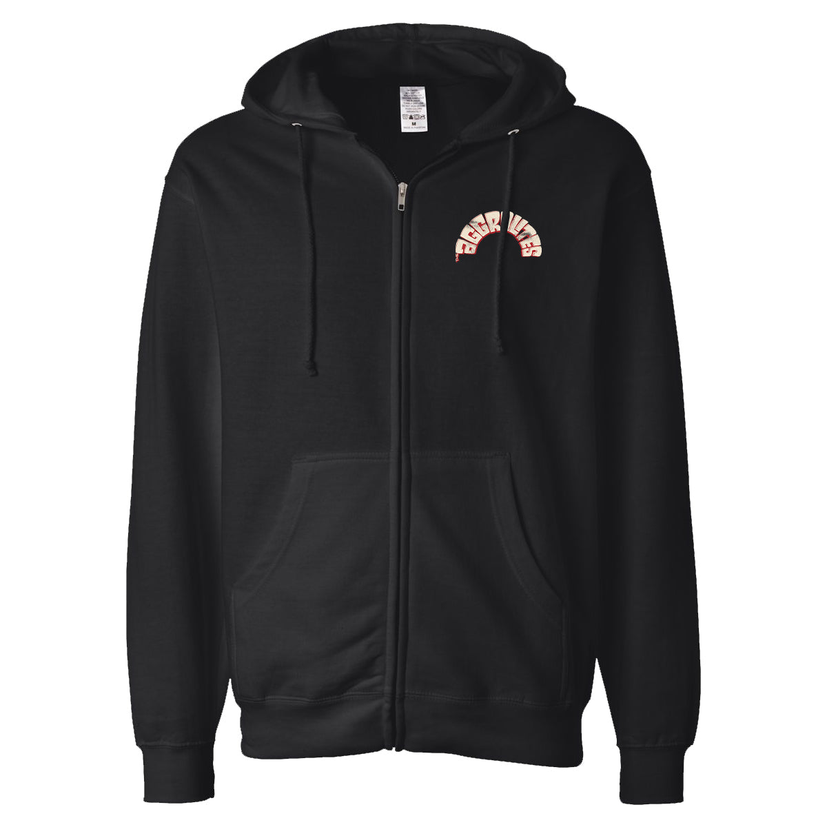 A black zip-up hoodie from The Aggrolites featuring front pockets, a hood, and a small arched "GOOD VIBES" graphic in light bold font on the left chest.