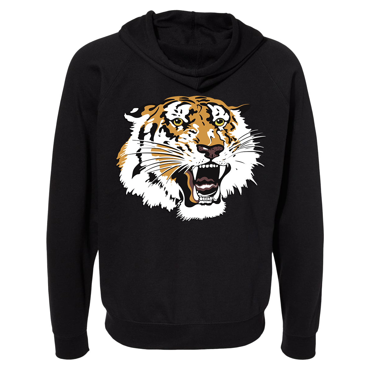 A black heavyweight sweatshirt from The Aggrolites, featuring a bold, detailed graphic of a roaring tiger’s face in white, orange, and black on the front.