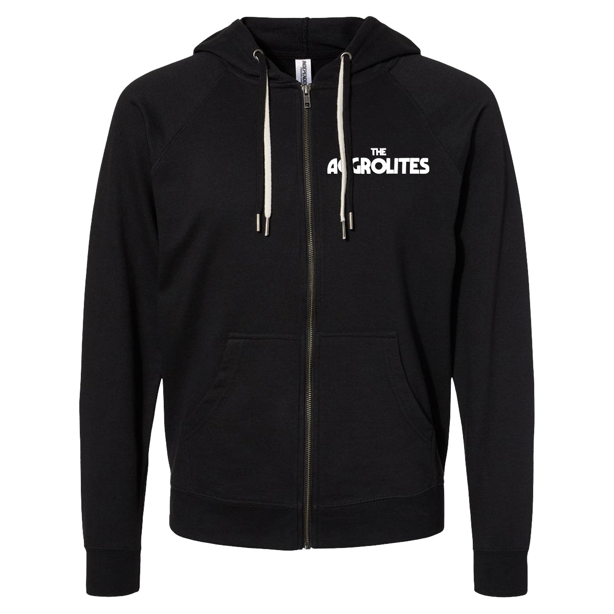 A black full-zip hooded sweatshirt by The Aggrolites featuring a hood, drawstrings, two front pockets, and “THE AGGROLITES” printed in white on the left chest.