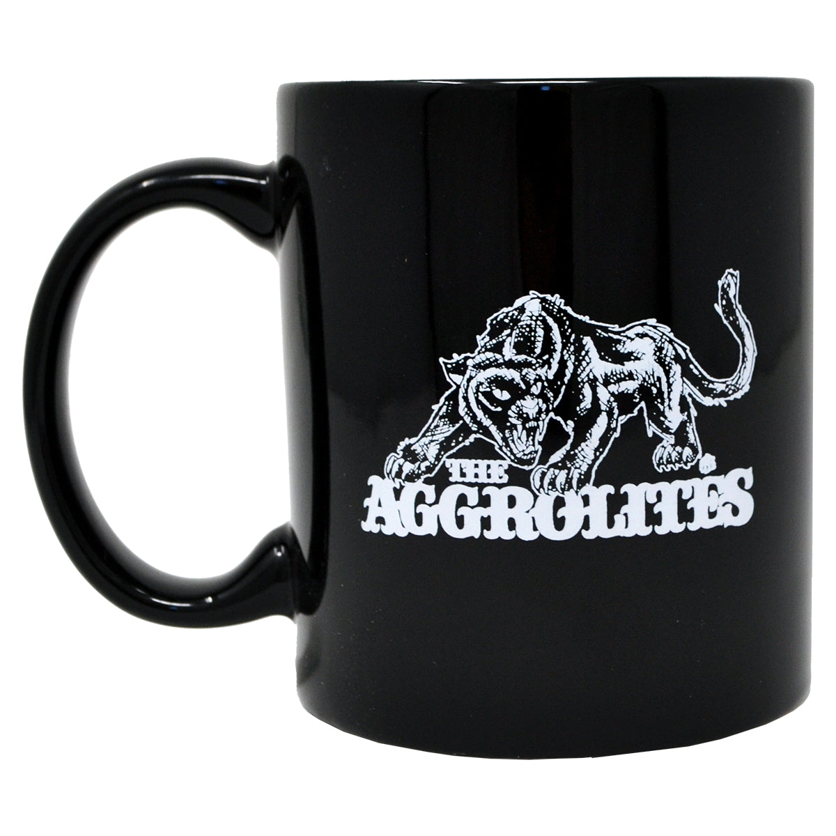 A black coffee mug featuring a white graphic of an aggressive bull above bold, distressed The Aggrolites lettering—a must-have for any Reggae Now fan.