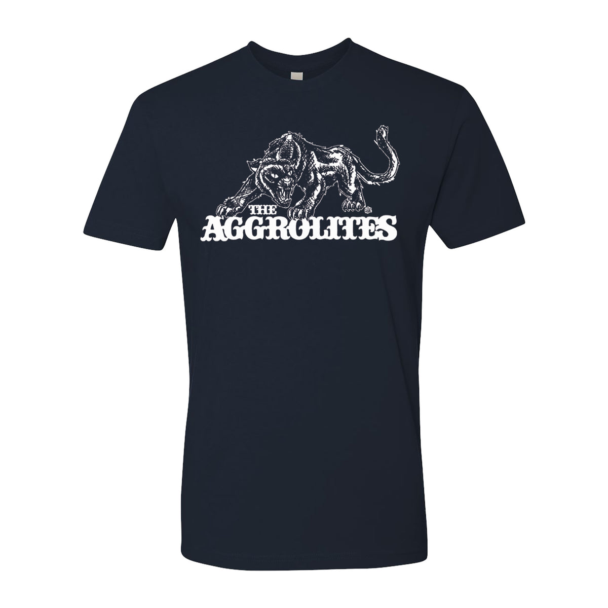 The Aggrolites navy blue shirt with a white Aggropanther image above bold THE AGGROLITES text, printed on premium Next Level #3600 fabric.