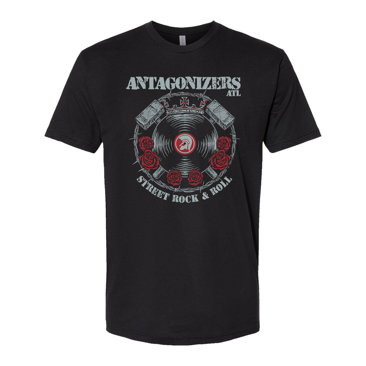 Black Antagonizers ATL Next Level T-shirt with the band’s name above vinyl records, red roses in grey and red ink, two speakers, and STREET ROCK &amp; ROLL printed below the graphic.