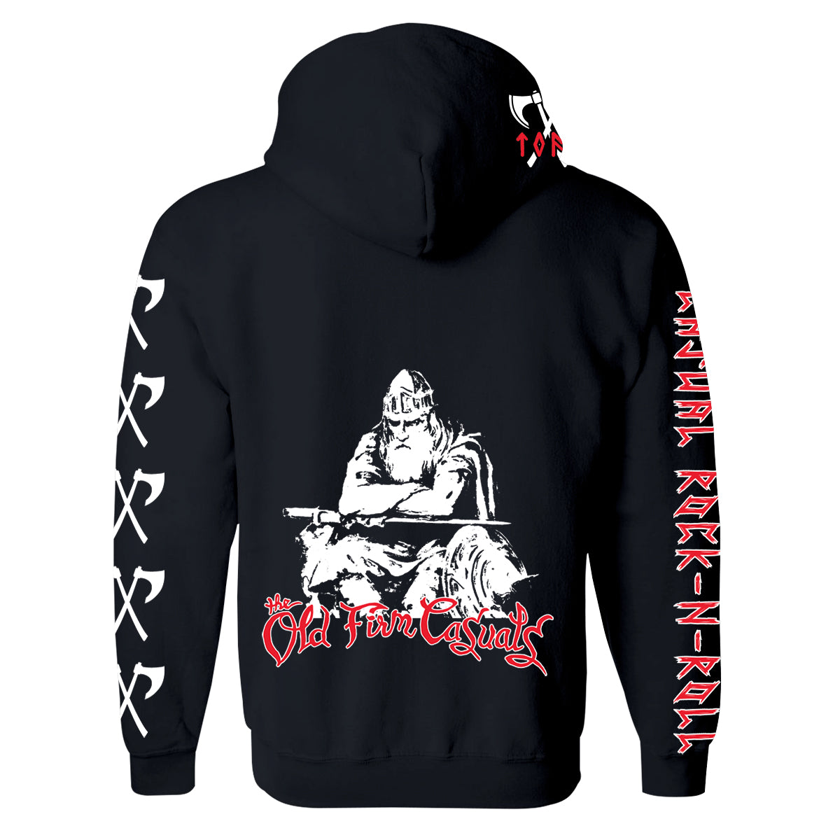 Black pullover hoodie by The Old Firm Casuals, featuring a white Viking warrior on the back with red and white stylized text below. White runes run down the left sleeve; right sleeve has vertical red and white text.