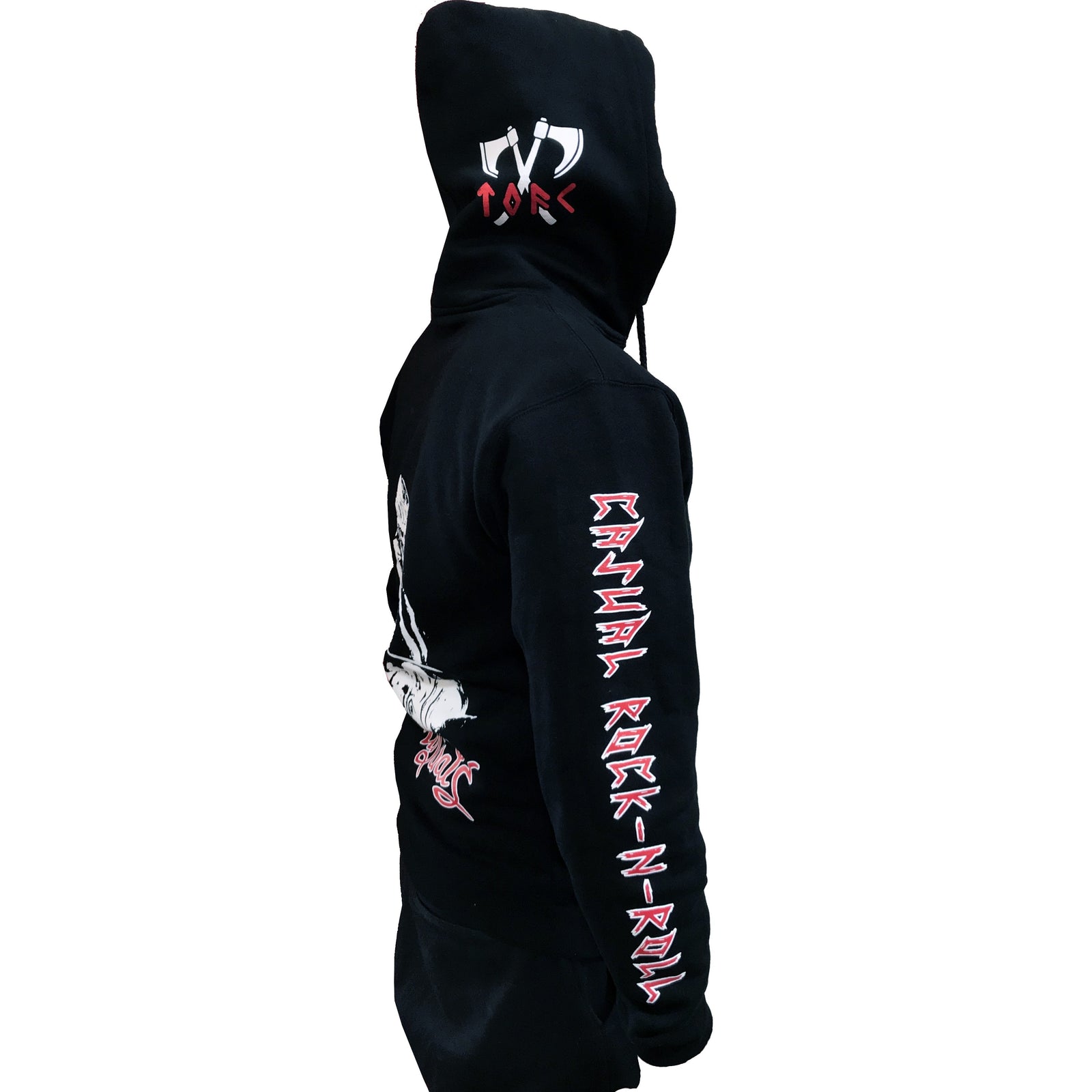 A person stands in profile facing left against a white background, wearing a black The Old Firm Casuals pullover hoodie with red and white graphic text and designs on the hood, back, and right sleeve.