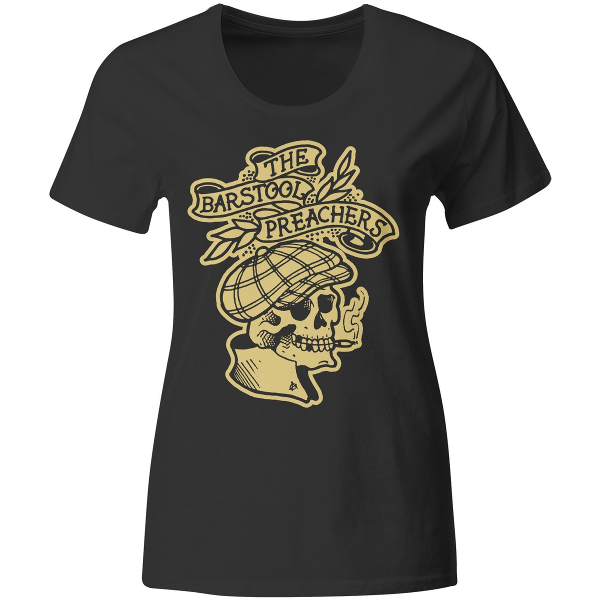 Black fitted T-shirt by The Bar Stool Preachers featuring a bold yellow skull in a flat cap, smoking, with the band’s name above and around the graphic.