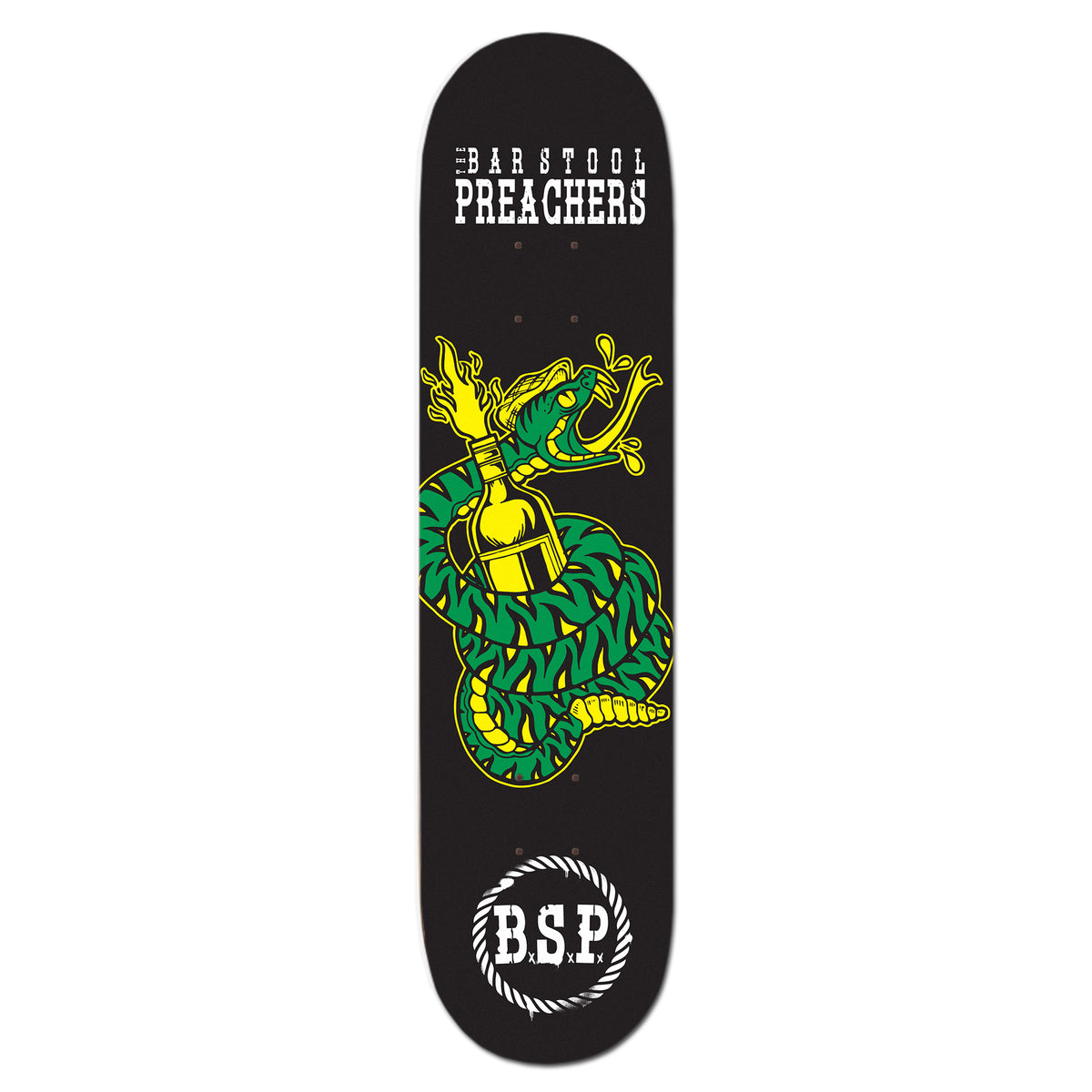 A black maple skateboard deck from The Bar Stool Preachers, featuring a coiled green snake with a broken bottle, BARSTOOL PREACHERS at the top, and B.S.P inside a laurel wreath—ideal for fans wanting an edgy Preachers board.