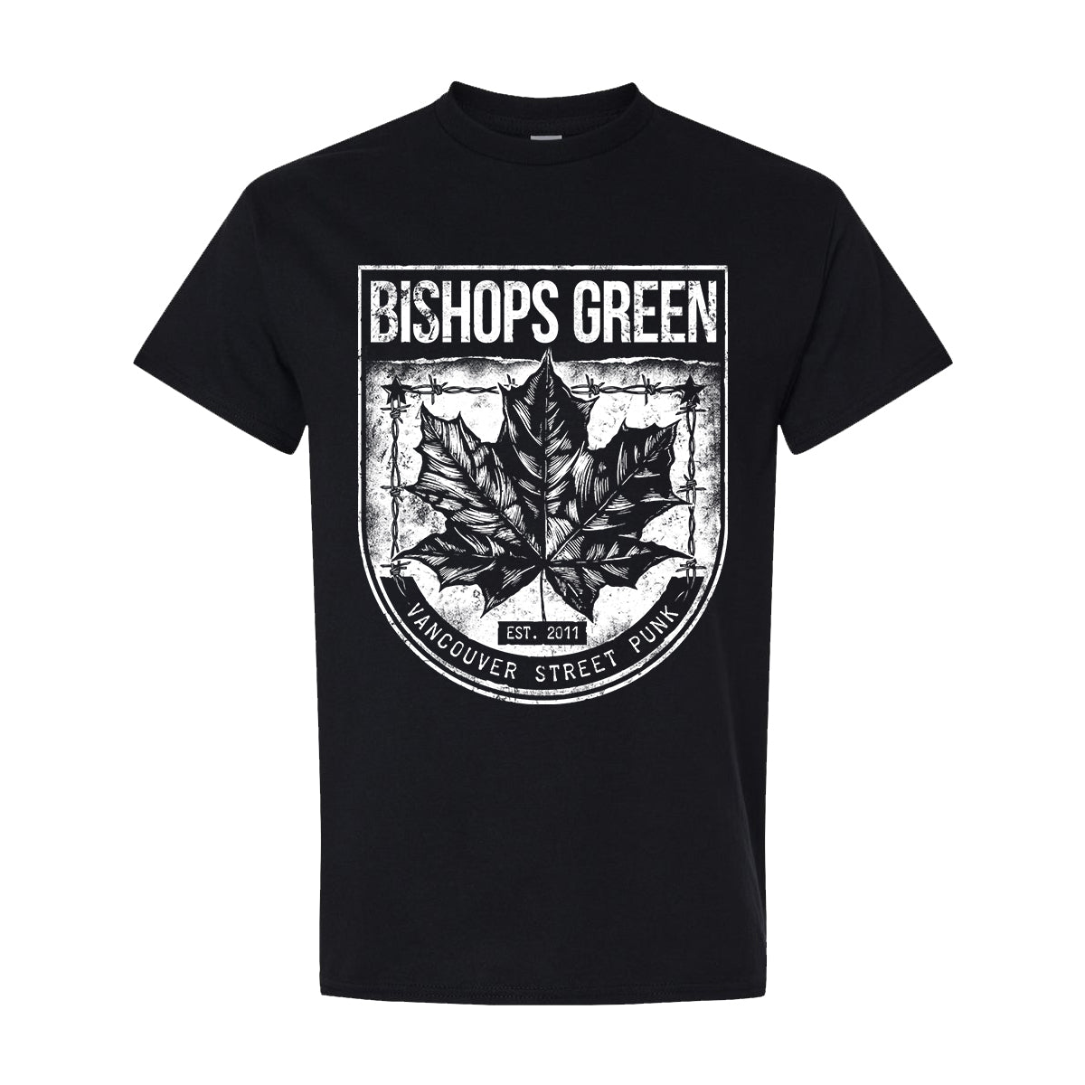 Black Bishops Green Gildan T-shirt with a bold white cracked maple leaf graphic. Bishops Green appears above, and Est. 2011 Vancouver Street Punk is featured in a banner below for standout contrast.