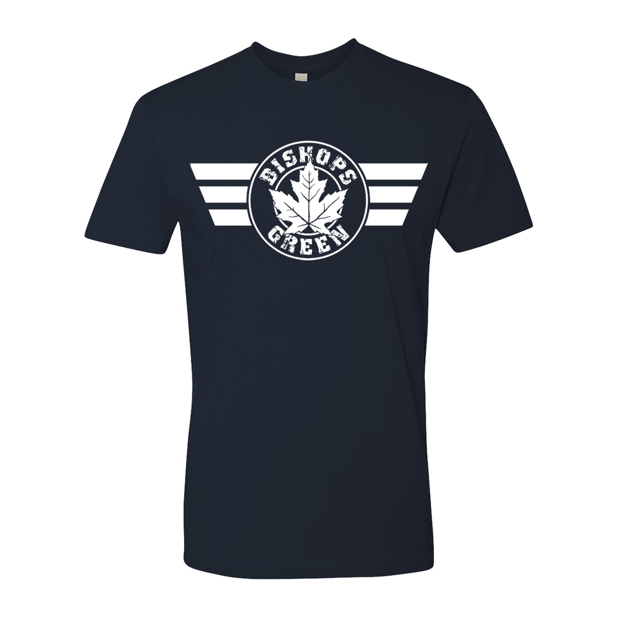 Navy blue Bishops Green T-shirt featuring a bold white Maple Leaf graphic inside a circle and three horizontal white stripes on each side across the chest.