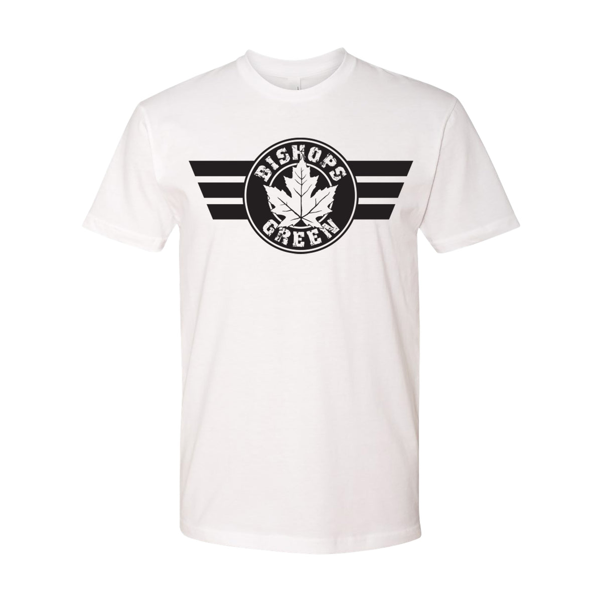 White Bishops Green #3600 Next Level t-shirt with a black circle logo featuring a maple leaf and bold BISHOPS GREEN text, plus three black stripes on each side of the circle.
