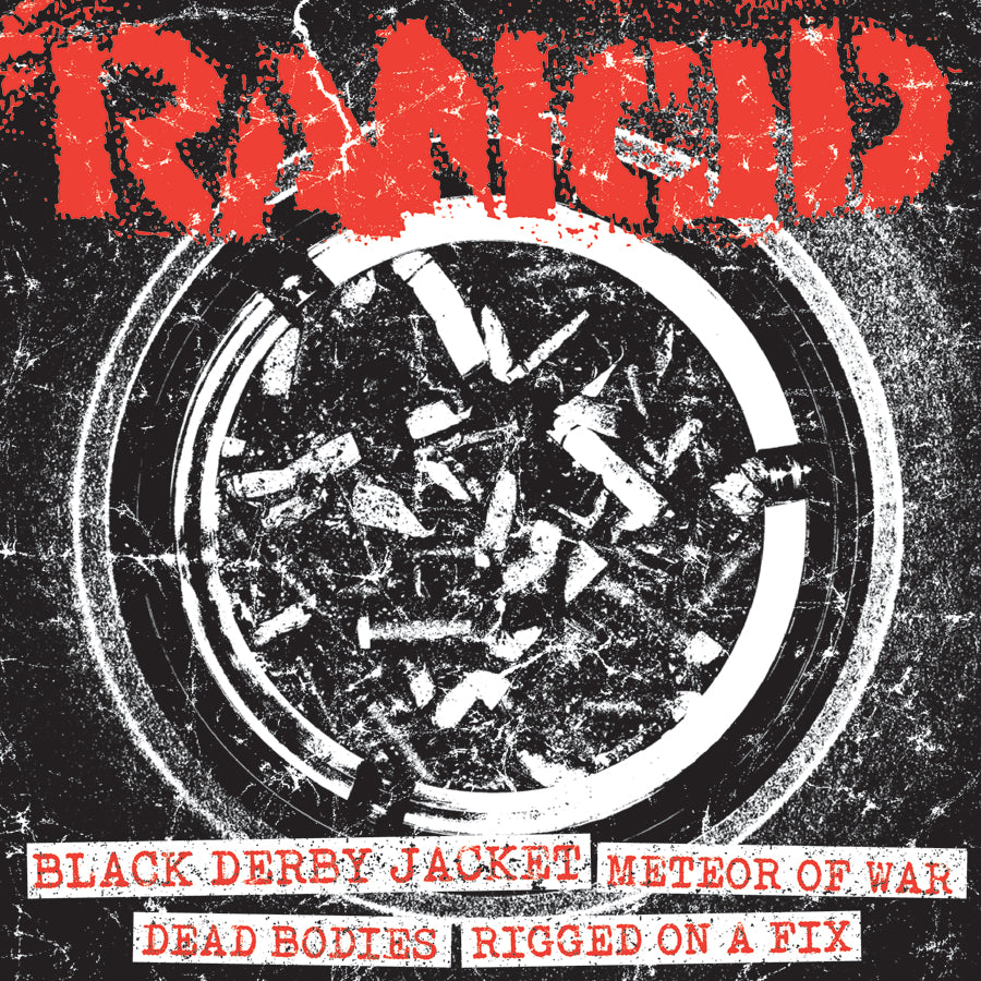 The image features a scratched black background with &quot;Rancid&quot; in distressed red at the top, an ashtray of cigarette butts, four song titles, and a Black Derby Jacket next to a Rancid Black Vinyl 7&quot; titled &quot;Meteor Of War.