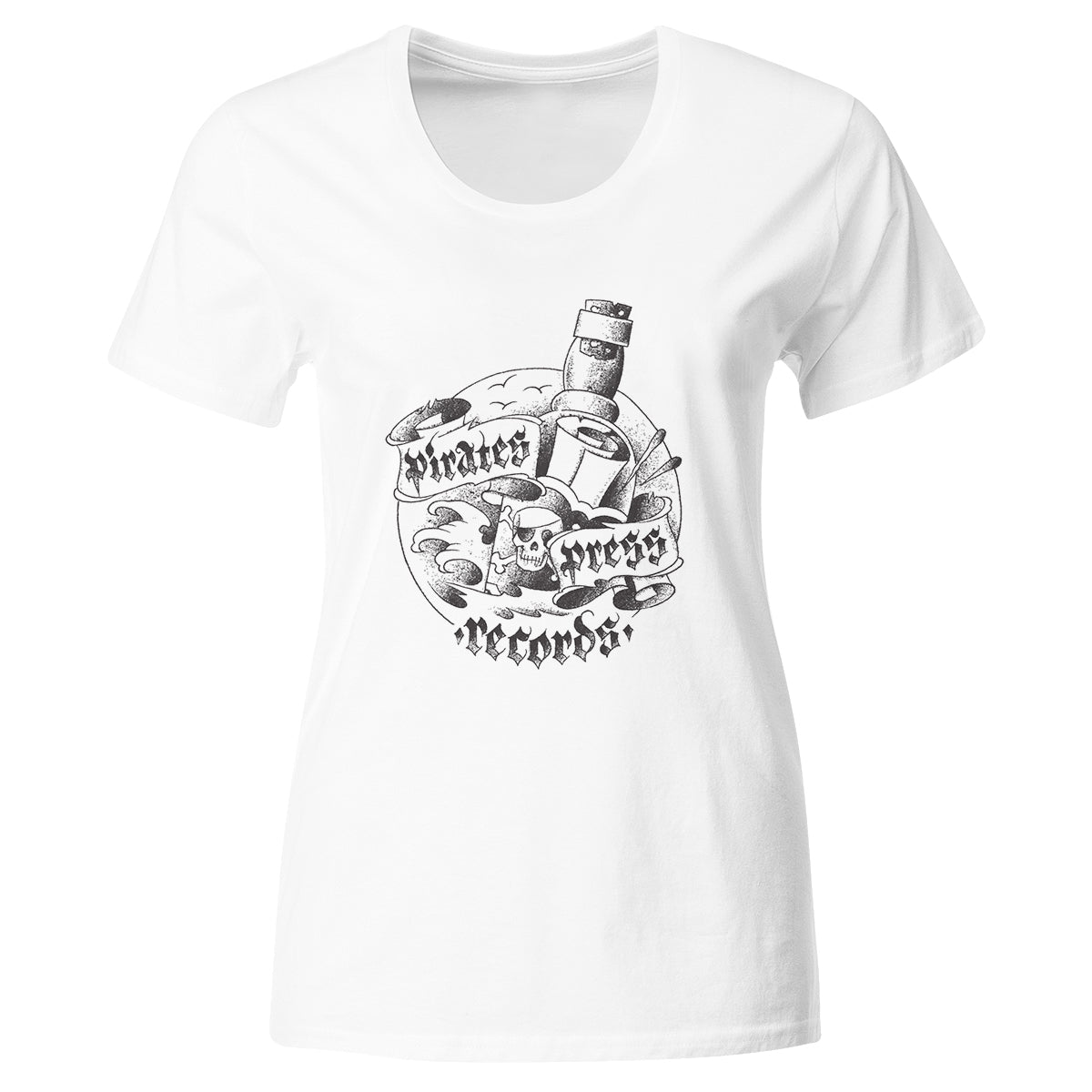 White fitted T-shirt by Pirates Press Records with black line art of a pirate hat, telescope, and compass over waves. Features Pirates Express Recorder text in a vintage font—a tribute to the brand.