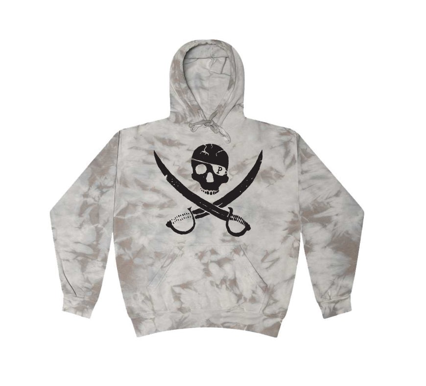 A Pirates Press Records youth crystal wash sweatshirt with a bold black skull-in-headscarf and crossed swords graphic, inspired by the classic pirate logo, printed on the front.