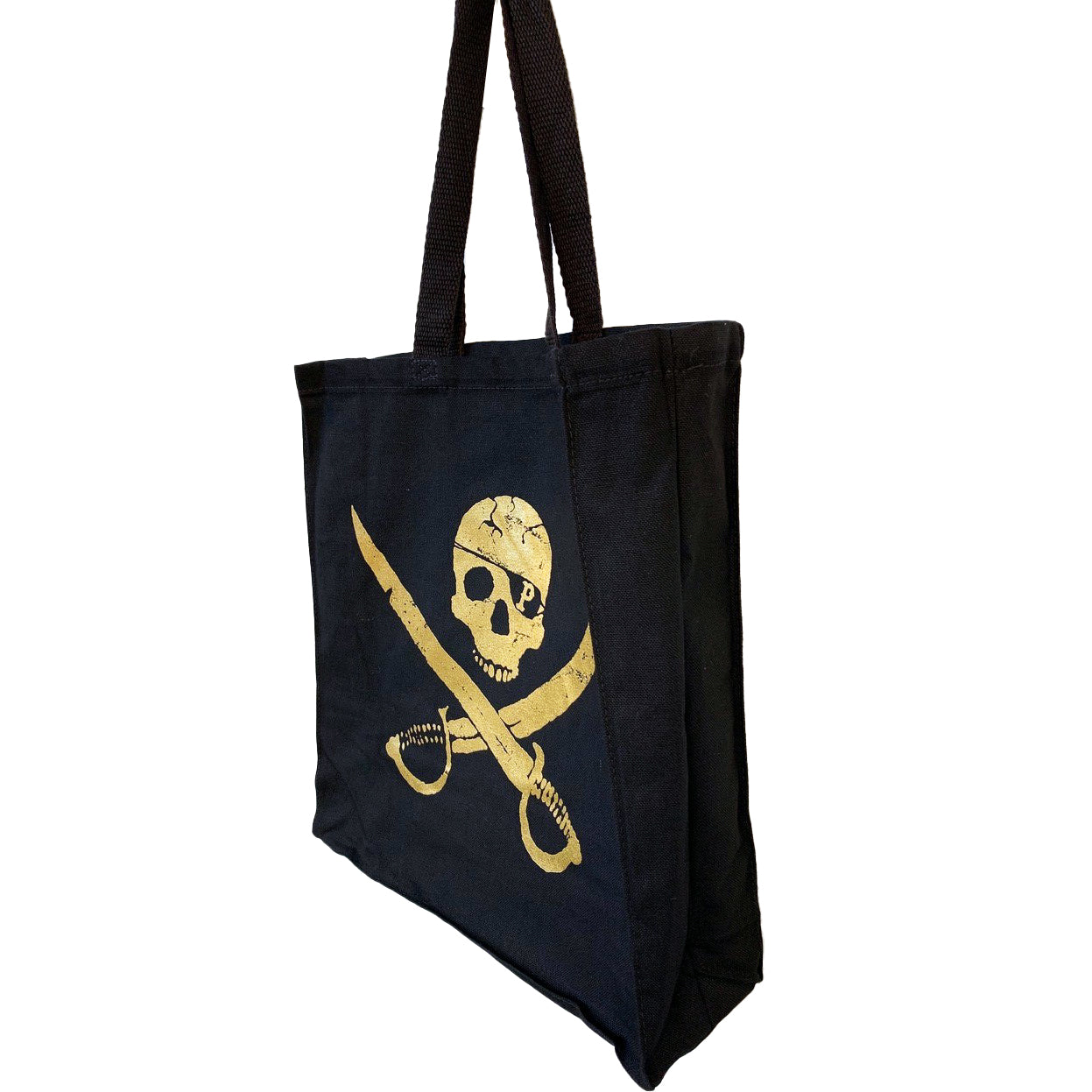 A black tote bag from Pirates Press Records with long handles, featuring a yellow skull and crossed swords pirate logo printed on the front.