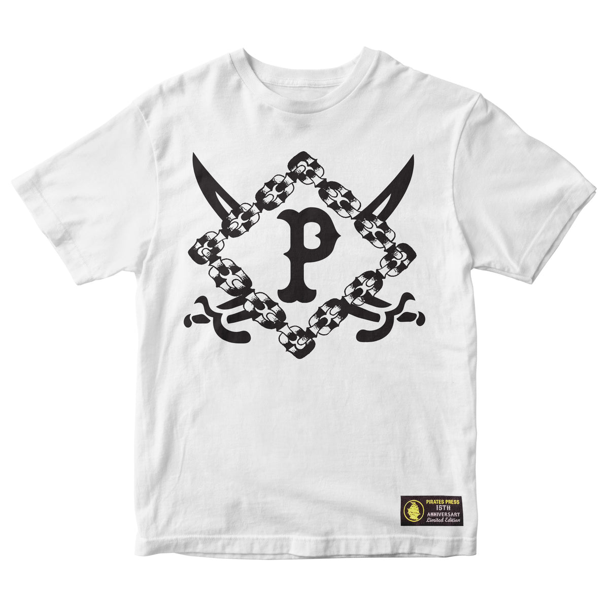 Pirates Press Records limited edition white T-shirt with a bold black graphic: two crossed swords, a diamond-shaped chain, and a central P, plus a small patch on the lower left side.