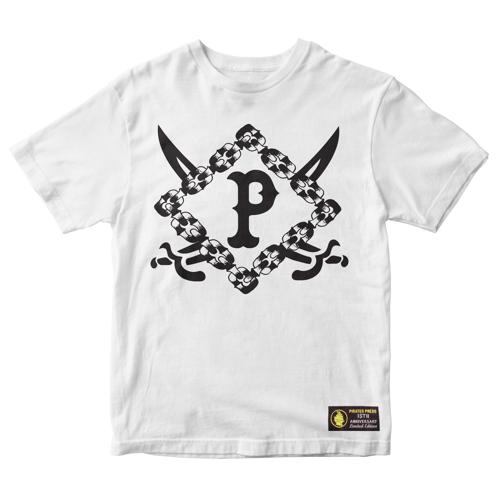 Pirates Press Records limited edition white T-shirt with a bold black graphic: two crossed swords, a diamond-shaped chain, and a central P, plus a small patch on the lower left side.