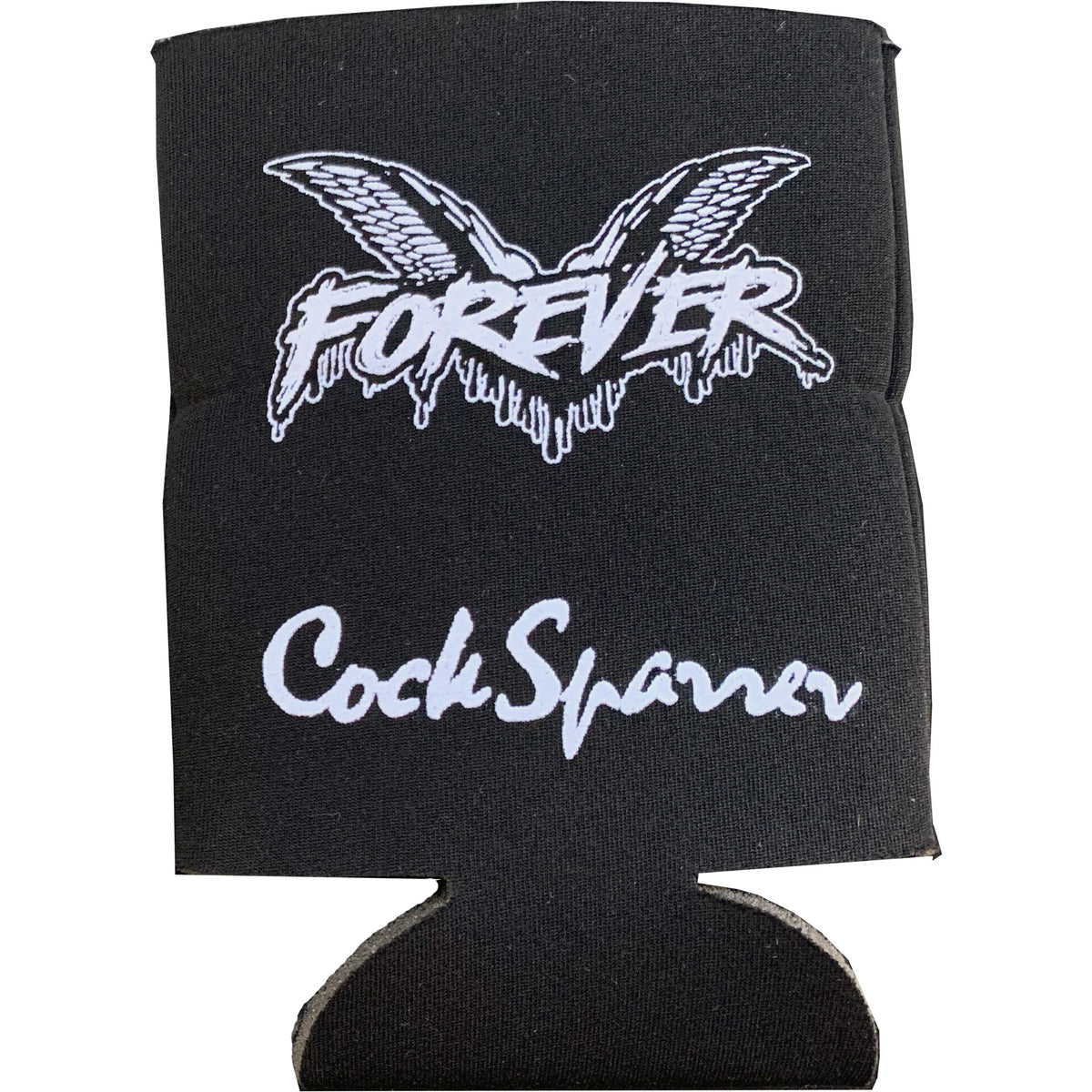 A black Cock Sparrer coozie with FOREVER and wing designs above, and the band name in stylized white text below.