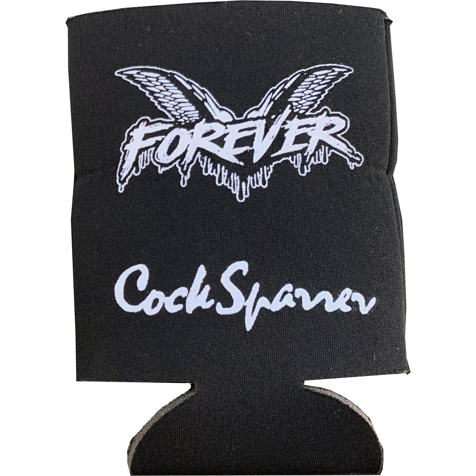 A black Cock Sparrer coozie with FOREVER and wing designs above, and the band name in stylized white text below.