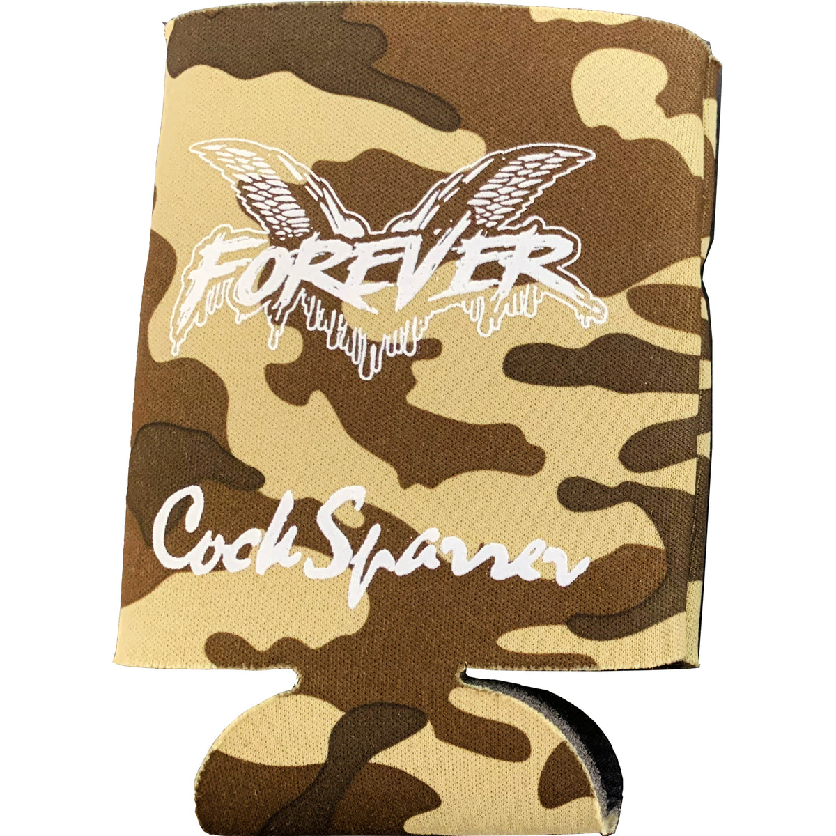 A brown and tan camo coozie from Cock Sparrer featuring white FOREVER text with wing graphics above and the band name below—essential merch for any fan.