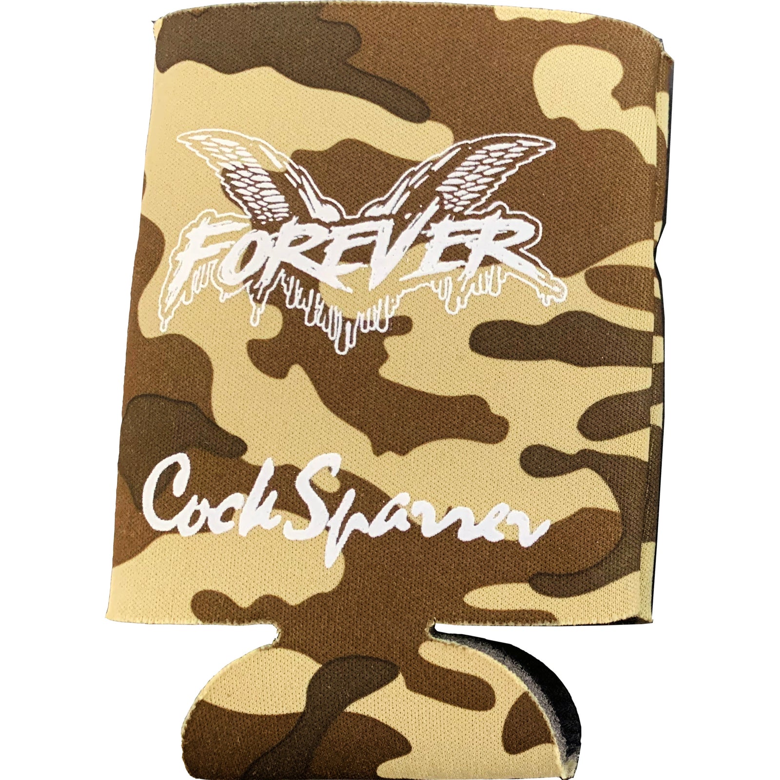 A brown and tan camo coozie from Cock Sparrer featuring white FOREVER text with wing graphics above and the band name below—essential merch for any fan.