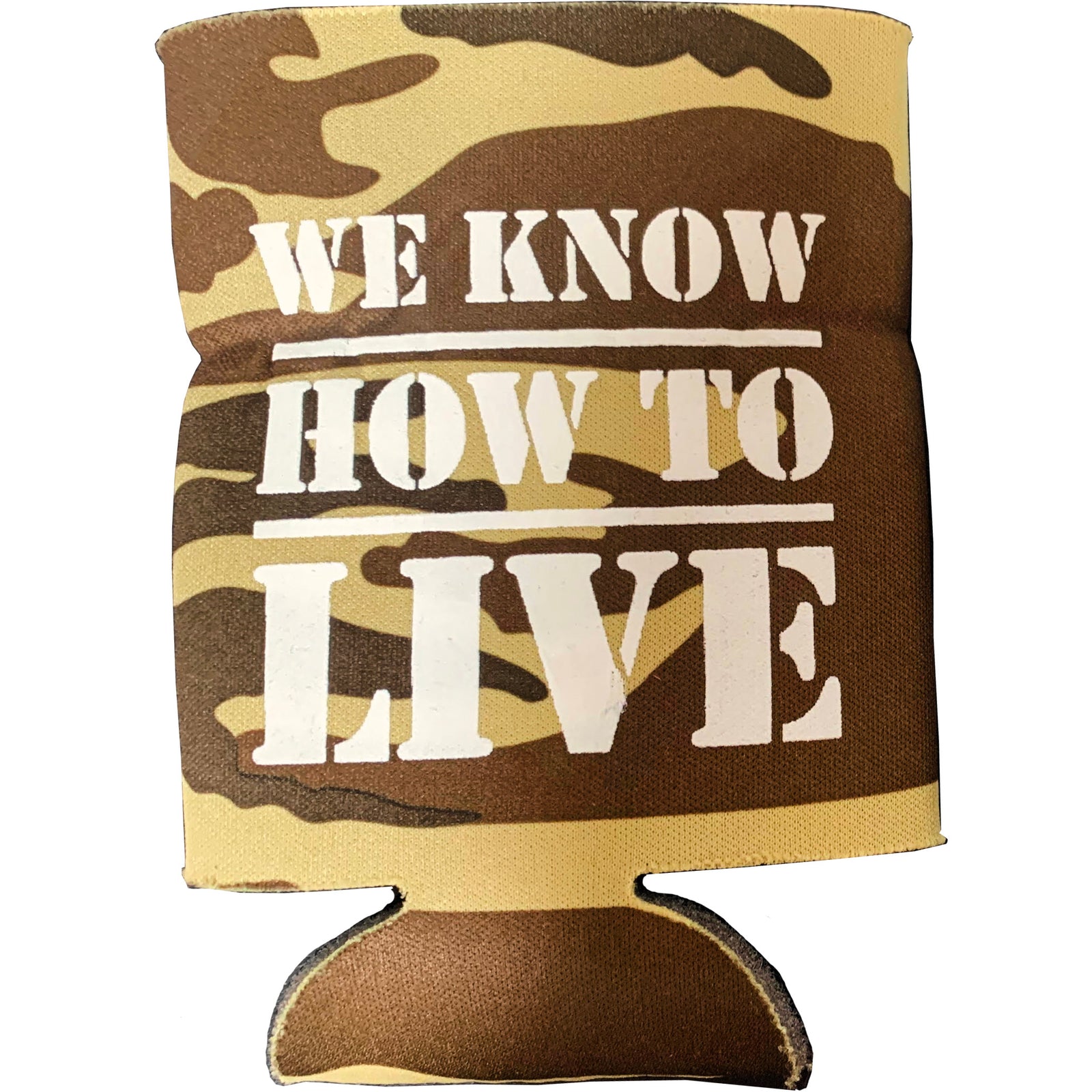 Keep your drinks cold in style with this Cock Sparrer camo can cooler, featuring bold white WE KNOW HOW TO LIVE text—perfect merch for any fan!.