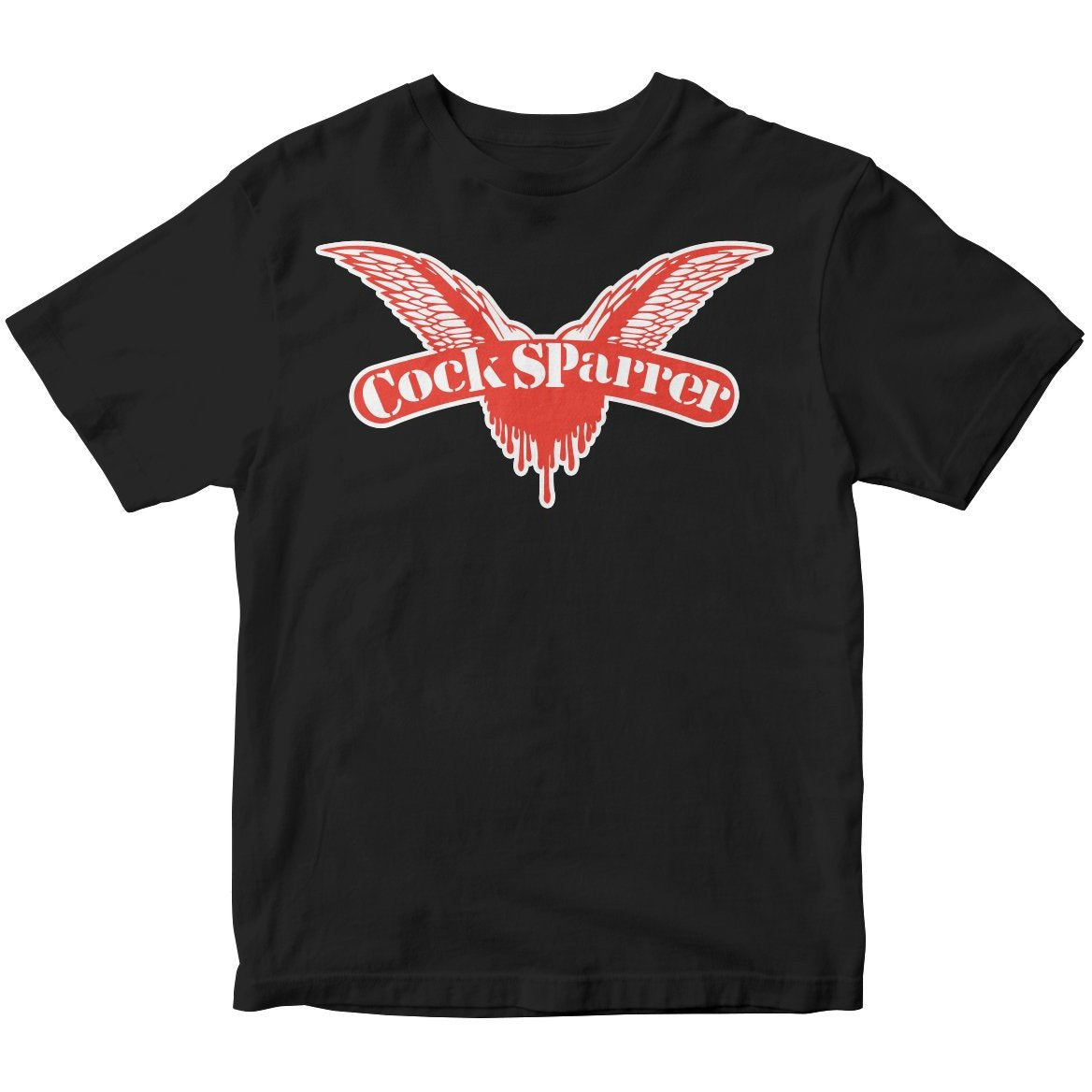 This black Cock Sparrer shirt showcases a bold red and white open wings graphic with “Cock Sparrer” across the chest—a must-have for any punk band fan.