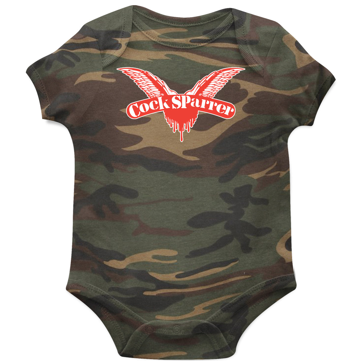 Dress your little punk rocker in this camo baby onesie featuring the Cock Sparrer brand name in bold red and white with wing graphics on the chest.