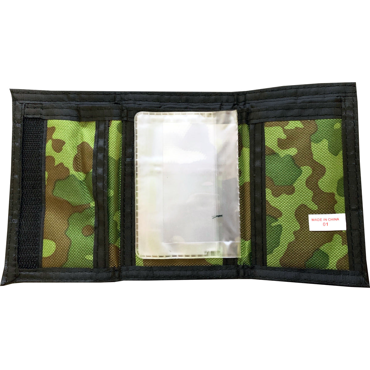 A Cock Sparrer trifold wallet with a green and brown camouflage pattern features multiple mesh and plastic compartments, including a transparent center slot. A small Made in China label is visible inside.
