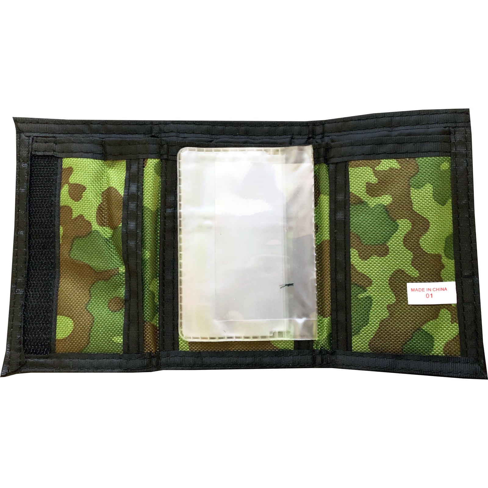 A Cock Sparrer trifold wallet with a green and brown camouflage pattern features multiple mesh and plastic compartments, including a transparent center slot. A small Made in China label is visible inside.