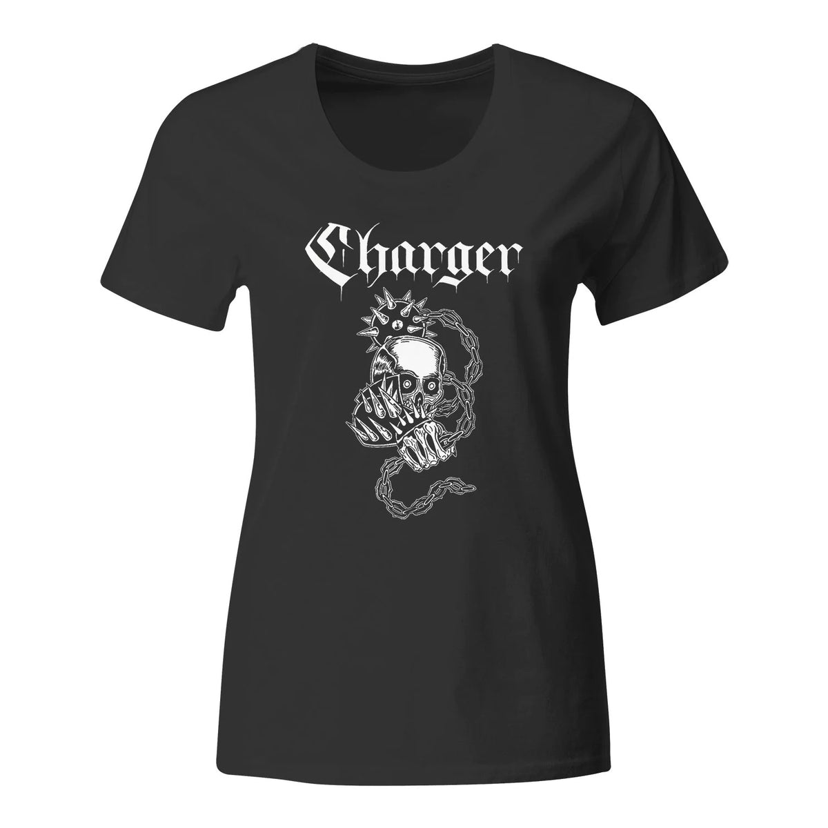 This fitted black Charger T-shirt features Charger in Gothic font above a bold white graphic of a skull, skeleton hand, sun, and coiled chain on the front.