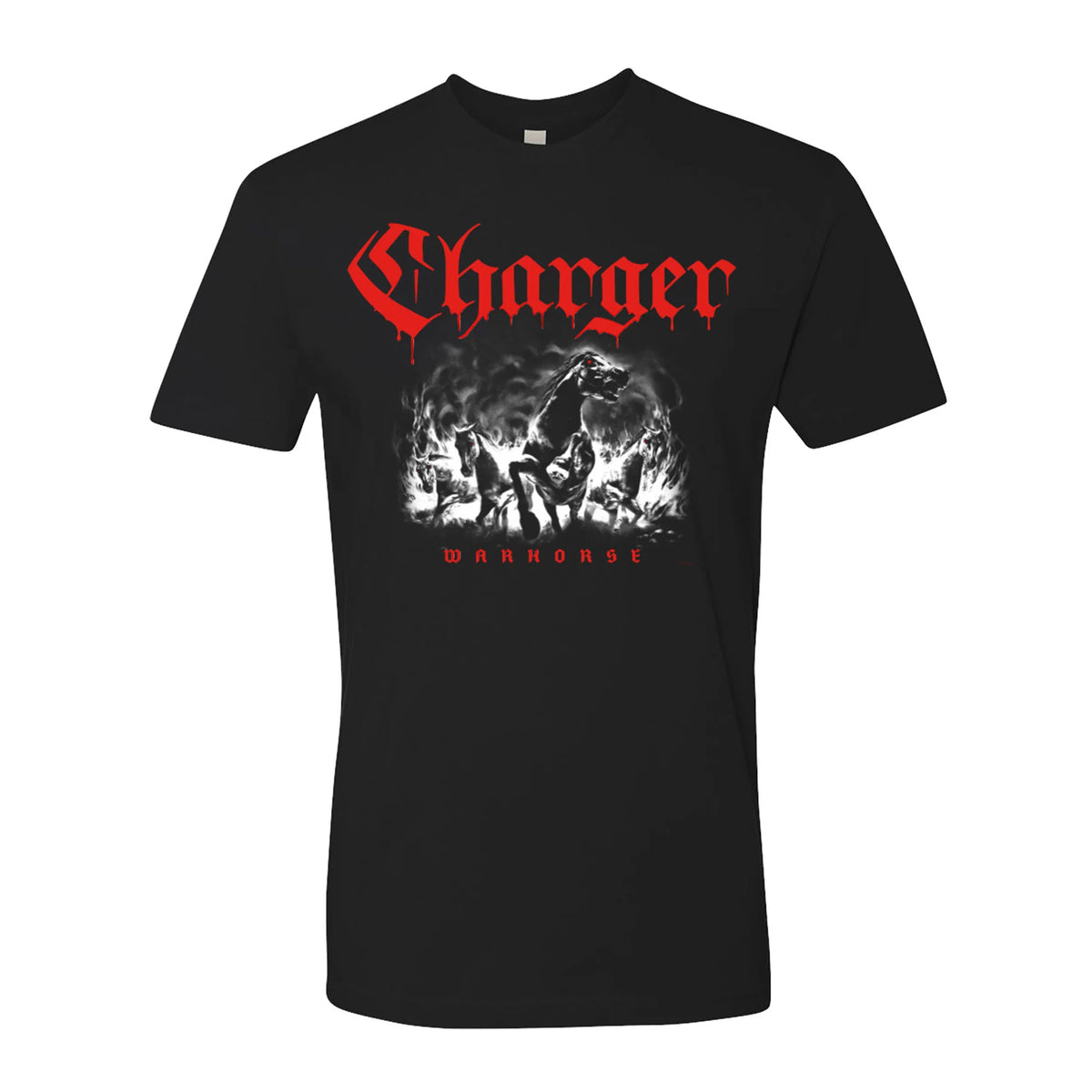 The black Charger T-shirt (Next Level #3600) showcases bold red Gothic Charger Warhorse text, a dynamic black-and-white charging horse over fighters, and Warhorse in red beneath the design.