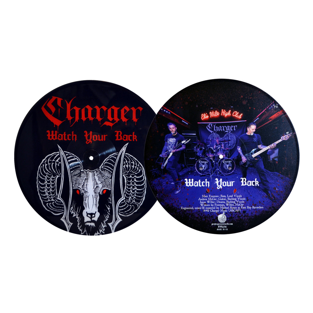 Two punk metal vinyl records by Charger: one has a demonic goat with “Charger Watch Your Back,” the other features Charger performing on stage with the same song title and album details.