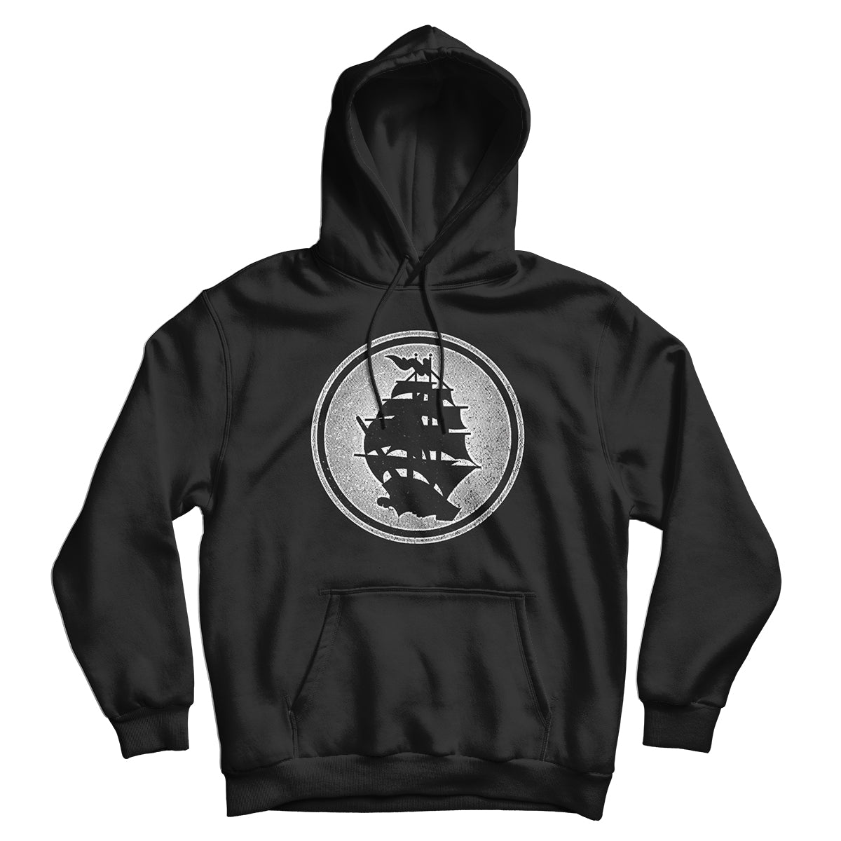 Black hoodie by Pirates Press Records with a circle logo pullover design, featuring a sailing ship silhouette among clouds and waves—nautical vibes on an Independent brand sweatshirt.