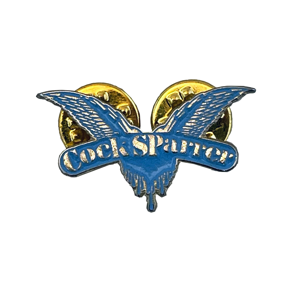A blue enamel pin by Cock Sparrer, featuring stylized wings with the brand name across them, and secured with two gold pin backs.