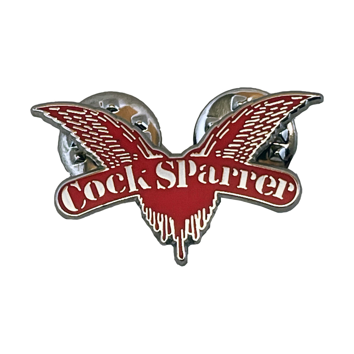 The Cock Sparrer pin is a 1.25-inch silver and red enamel badge featuring the band's name across a stylized bird with outstretched wings and two pin backings on the reverse.
