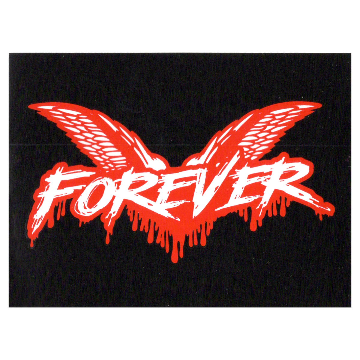 The word FOREVER in bold, white, dripping letters outlined in red, with stylized red wings on a solid black background—perfect as a Forever sticker for any fan or an essential band sticker inspired by the iconic style of COCK SPARRER.