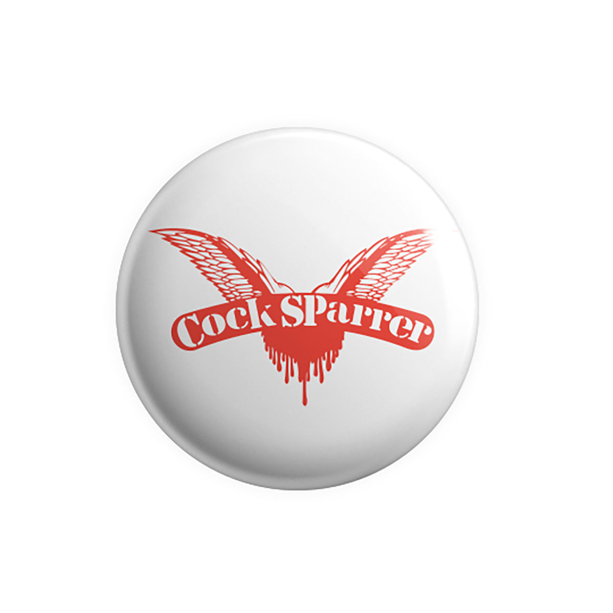 A round white punk pin features bold red wings and the words COCK SPARRER in striking red text across the middle, with the bottom of the text appearing to drip like paint. This Wings button perfectly captures that classic punk attitude.