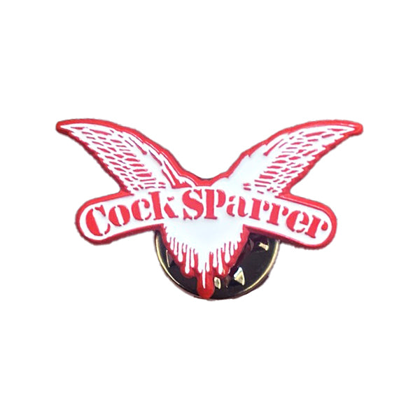 A Cock Sparrer lapel pin showcases a red and white stylized bird with outstretched wings and &quot;Cock Sparrer&quot; across them, set on a white background and fastened with a military-style clutch. Brand: Cock Sparrer.