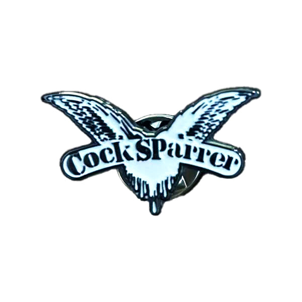 A Cock Sparrer enamel lapel pin with a stylized bird and &quot;Cock Sparrer&quot; across its wings. Features a military-style clutch. Brand: Cock Sparrer.