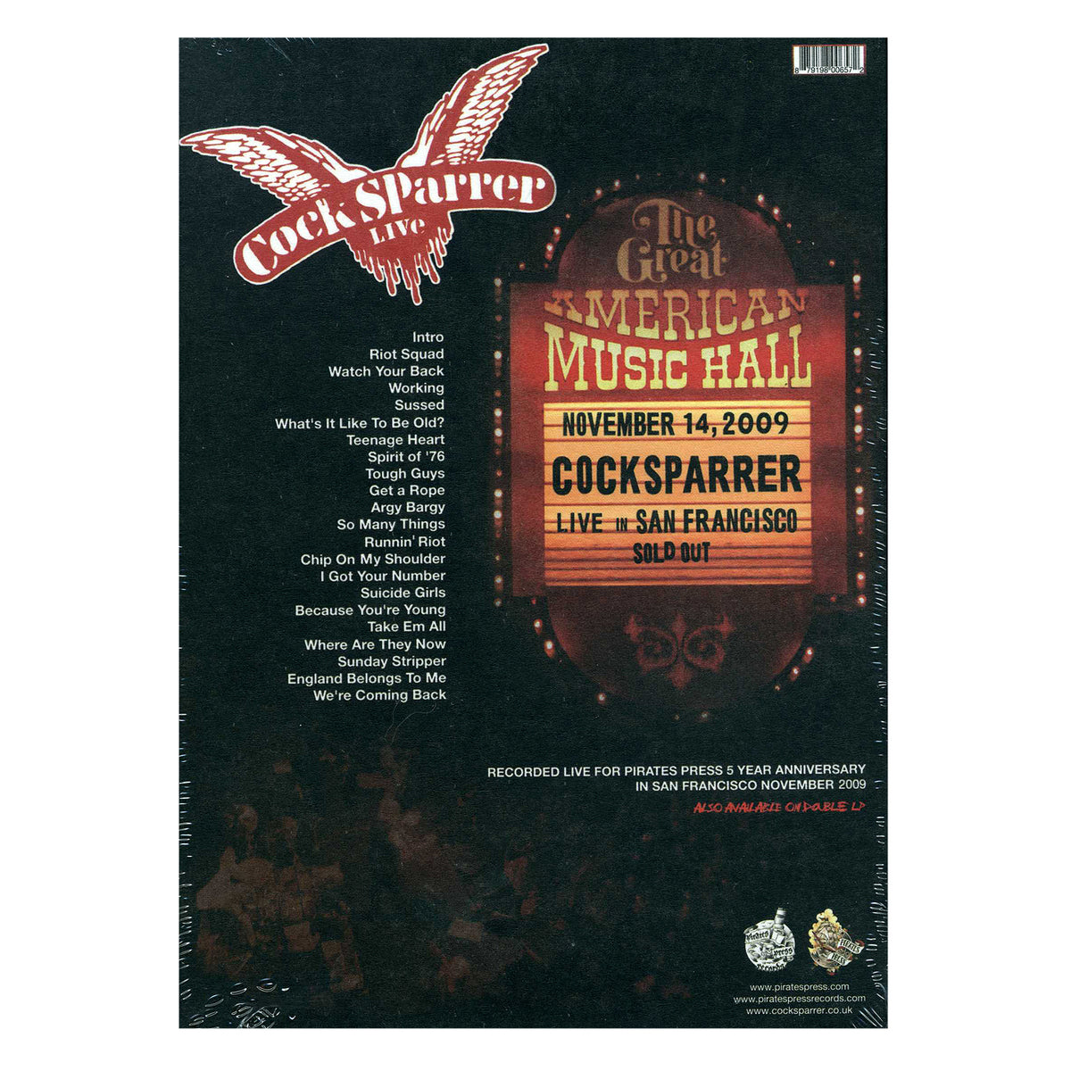 Cock Sparrer concert poster for their live show at The Great American Music Hall, San Francisco on November 14, 2009. Showcases a 21-song setlist and SOLD OUT stamp—a must-have San Francisco souvenir from the legendary band.