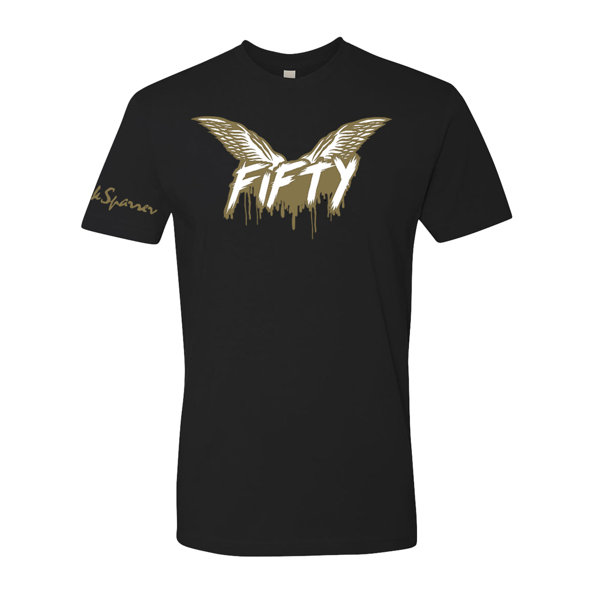 Cock Sparrer T-shirt with bold white Fifty design, gold wings, and gold script on the right sleeve. Printed on a soft Next Level 3600 tee.