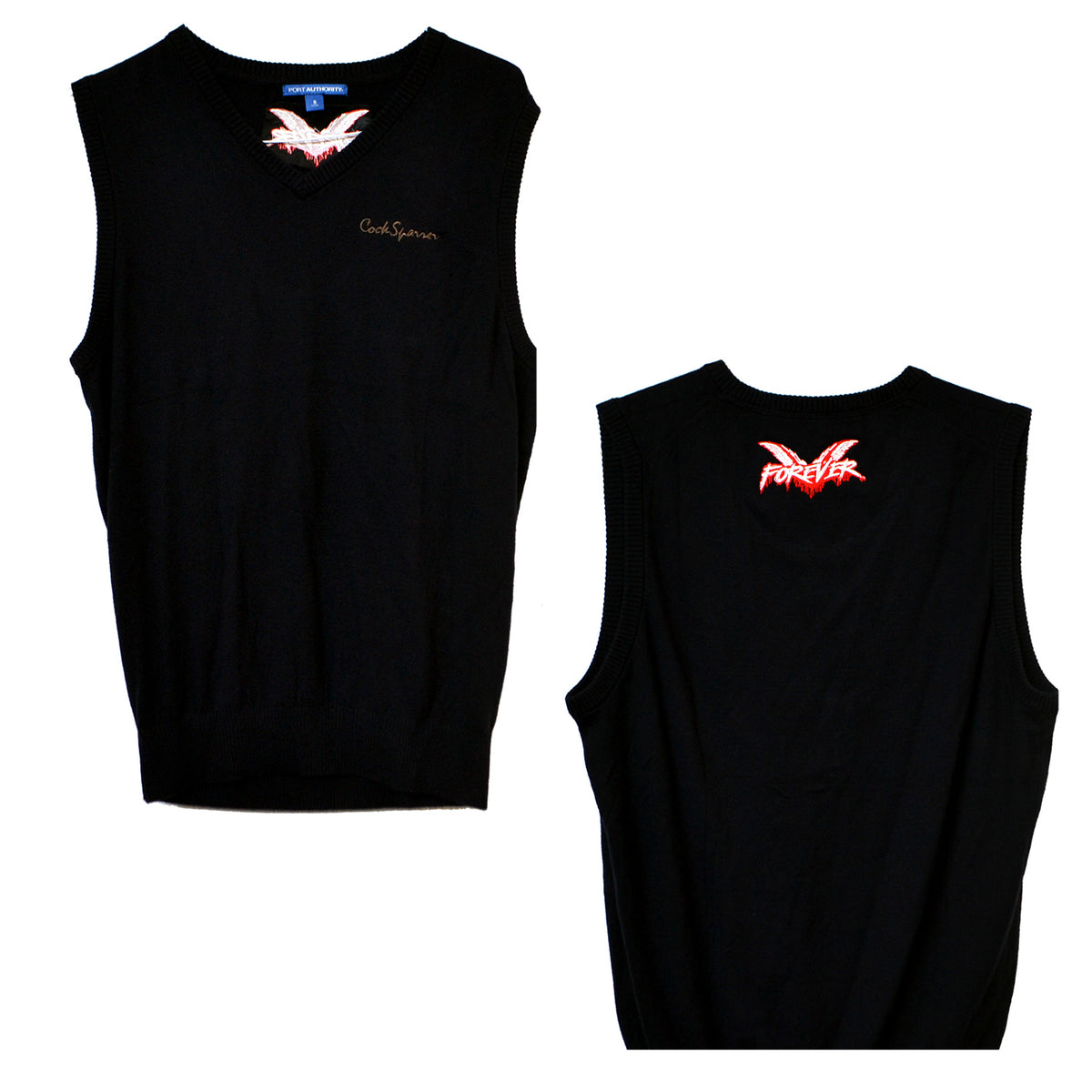 Black sleeveless sweater vest by Cock Sparrer shown front and back. Features a small embroidered logo on the front, red wings on both sides, and a “Forever” crest inside the collar.