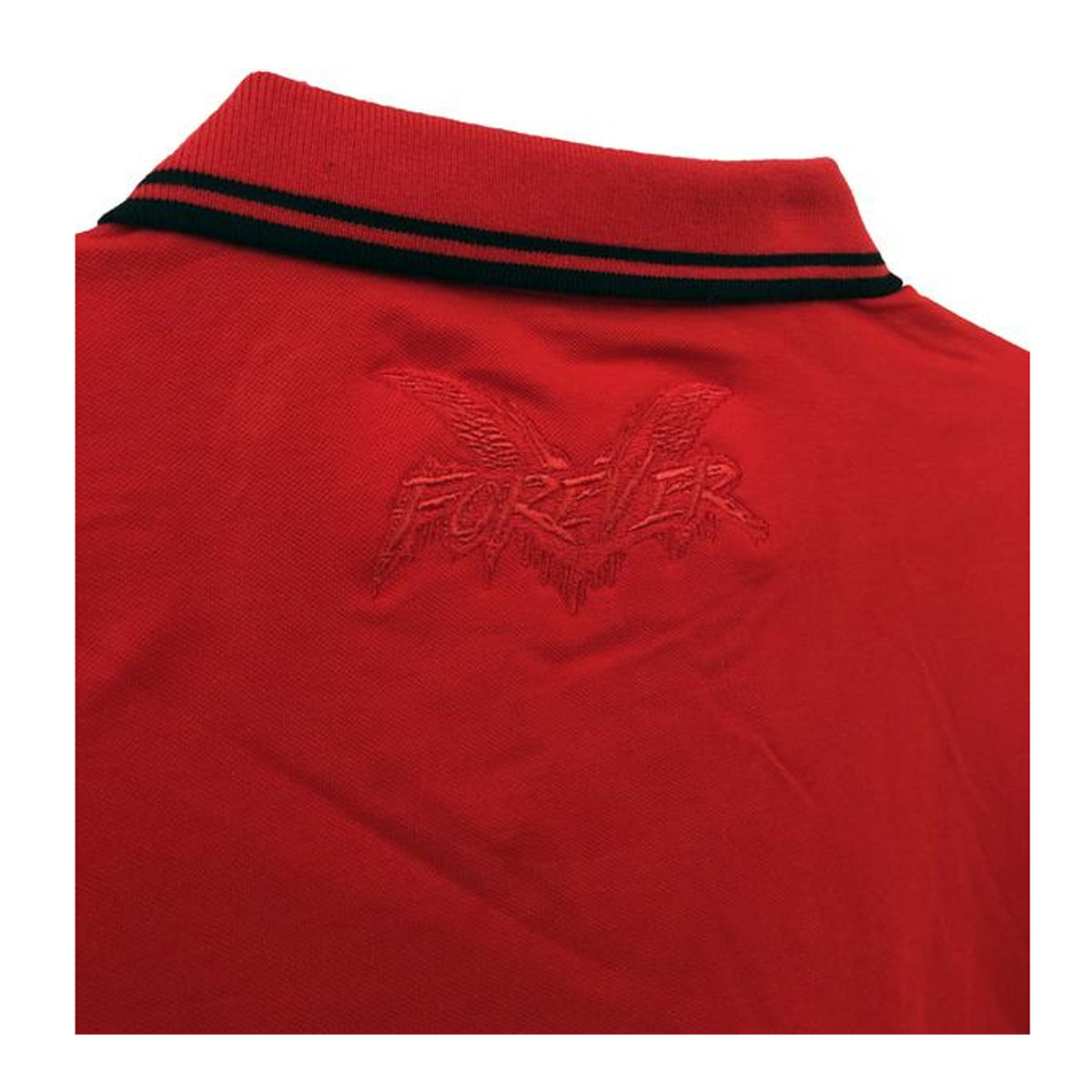 Close-up of the back of a red Cock Sparrer polo shirt with a black-striped collar. Just below the collar, an embroidered FOREVER eagle logo inspired by Cock Sparrer appears in matching red thread.