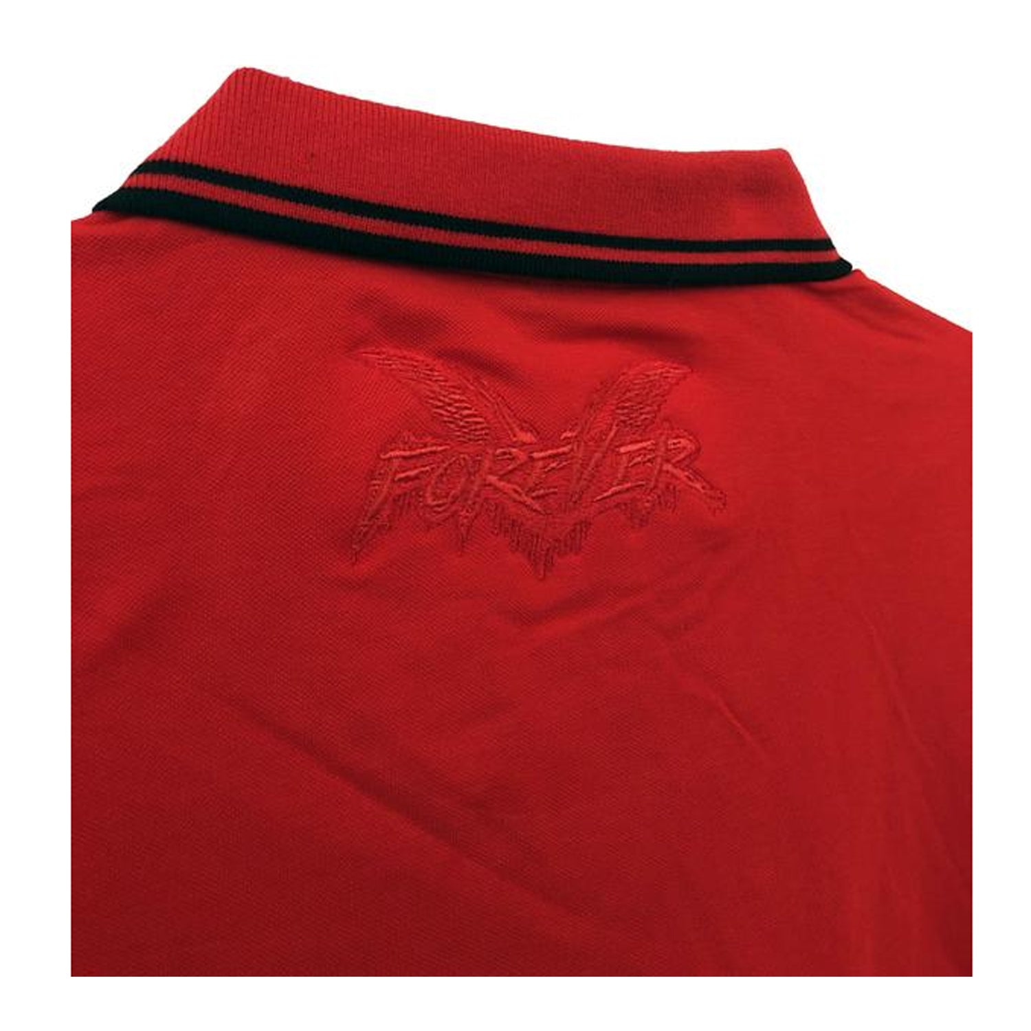 Close-up of the back of a red Cock Sparrer polo shirt with a black-striped collar. Just below the collar, an embroidered FOREVER eagle logo inspired by Cock Sparrer appears in matching red thread.