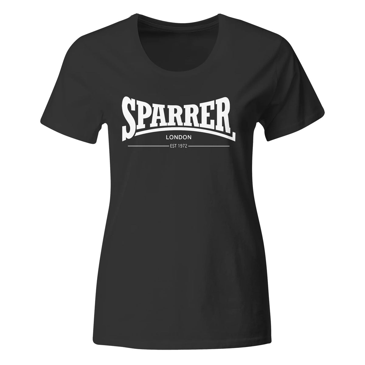 A fitted black short-sleeve Cock Sparrer shirt featuring bold white &quot;SPARRER&quot; text and &quot;LONDON EST 1972&quot; beneath, representing the classic London style.