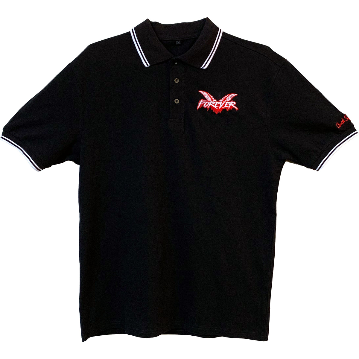A black Cock Sparrer polo with white collar and sleeve trim, a red FOREVER graphic, butterfly design on the left chest, and red text on the left sleeve—ideal for fans.