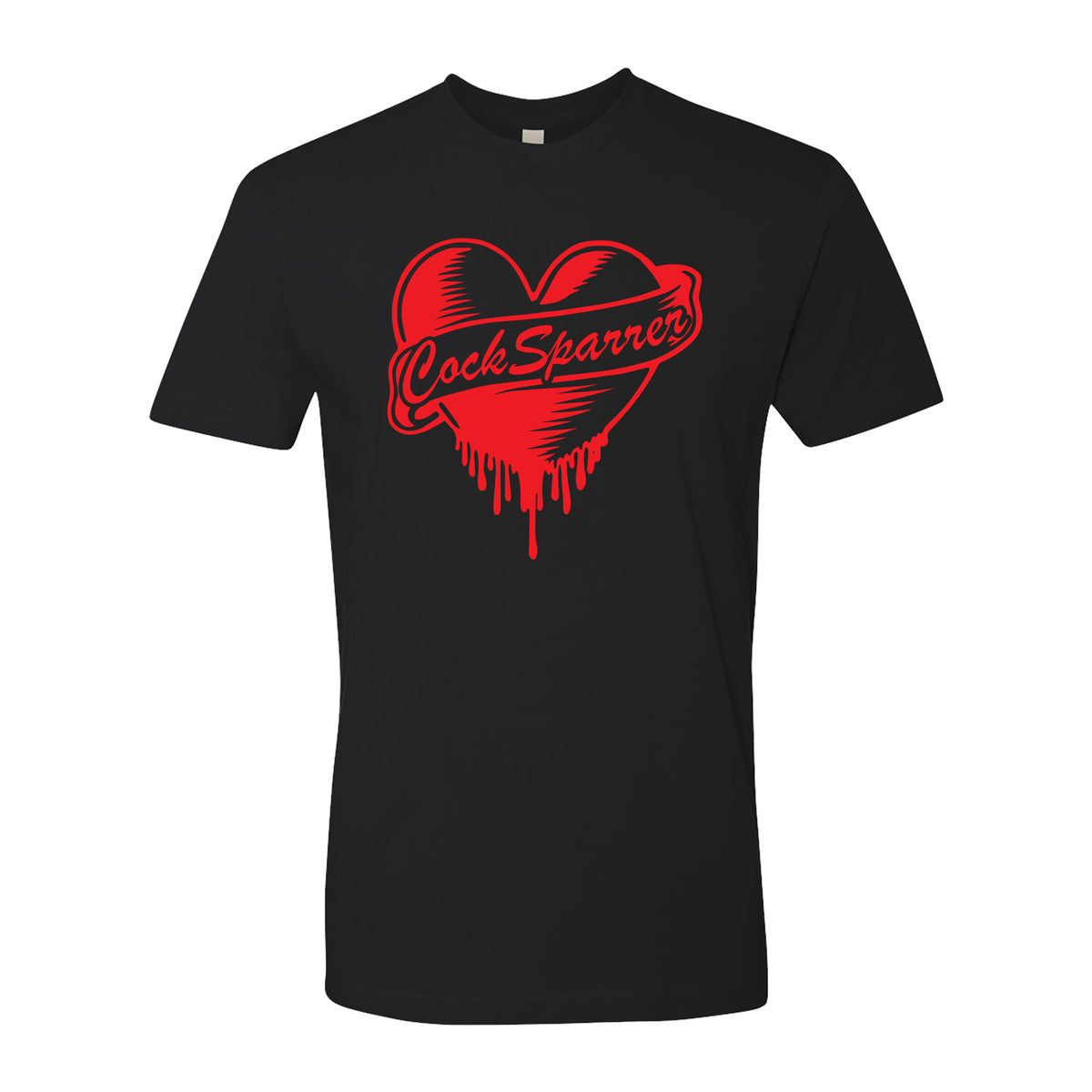 The Cock Sparrer Next Level #3600 black shirt features a bold heart design with dripping red edges and Cock Sparrer written across the heart in script font.